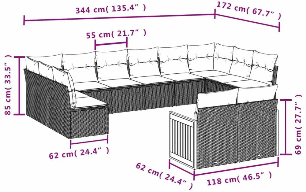 Lauko baldų komplektas Sodo komplektas su pagalvėlėmis, 12 dalių, pilkas, poliratanas