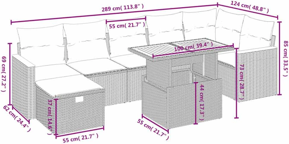 Lauko baldų komplektas Sodo komplektas su pagalvėlėmis, 8 dalių, pilkas, poliratanas