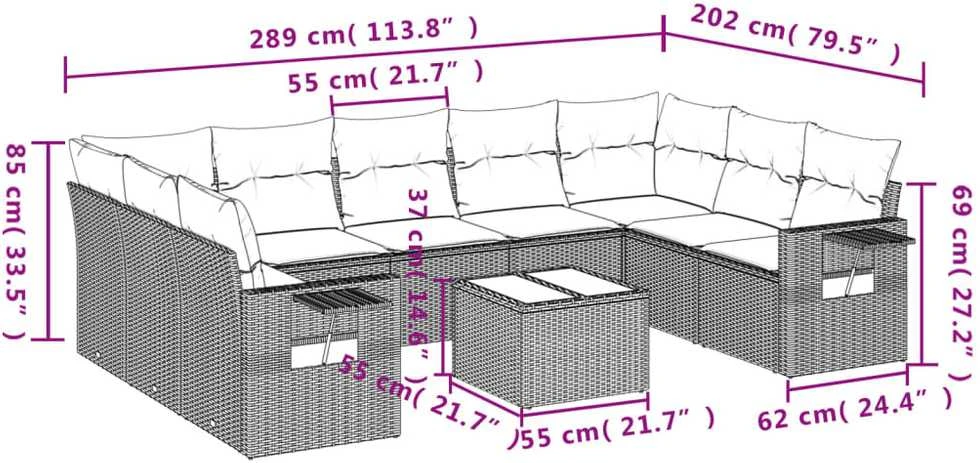 Lauko baldų komplektas Sodo komplektas su pagalvėlėmis, 10 dalių, juodas, poliratanas