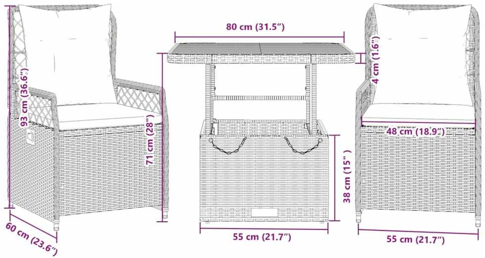 Lauko baldų komplektas Sodo komplektas su pagalvėlėmis, 3 dalių, juodas, poliratanas