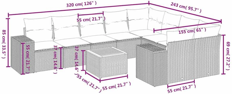 Lauko baldų komplektas Sodo komplektas su pagalvėlėmis, 10 dalių, pilkas, poliratanas