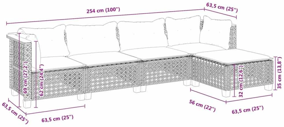Lauko baldų komplektas Sodo komplektas su pagalvėlėmis, 5 dalių, juodas, poliratanas