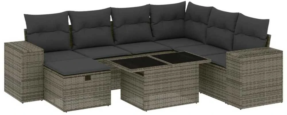 Lauko baldų komplektas Sodo komplektas su pagalvėlėmis, 8 dalių, pilkas, poliratanas