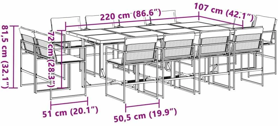 Lauko baldų komplektas Sodo komplektas su pagalvėlėmis, 13 dalių, baltas, tekstilenas
