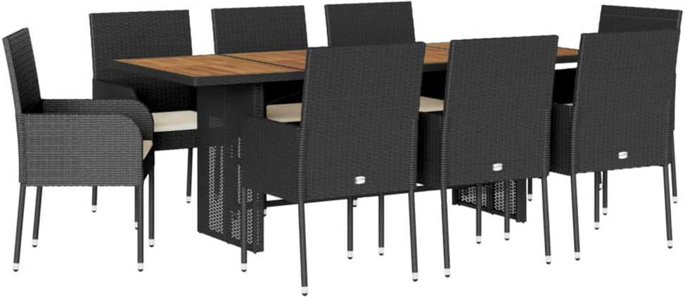 Lauko baldų komplektas Sodo komplektas su pagalvėlėmis, 9 dalių, juodas, poliratanas