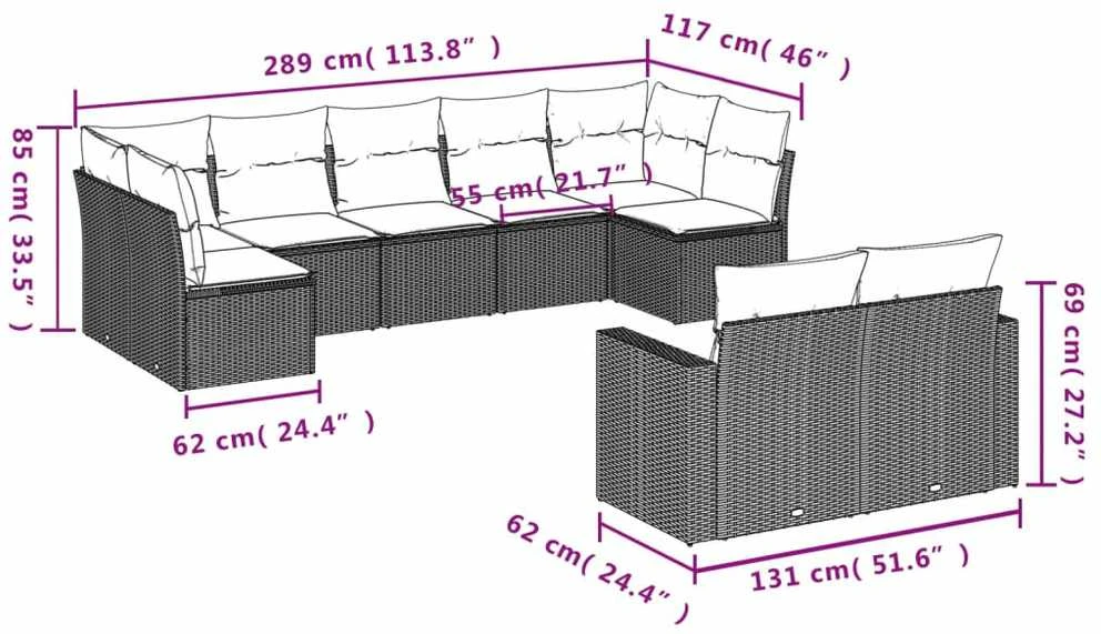 Lauko baldų komplektas Sodo komplektas su pagalvėlėmis, 9 dalių, juodas, poliratanas
