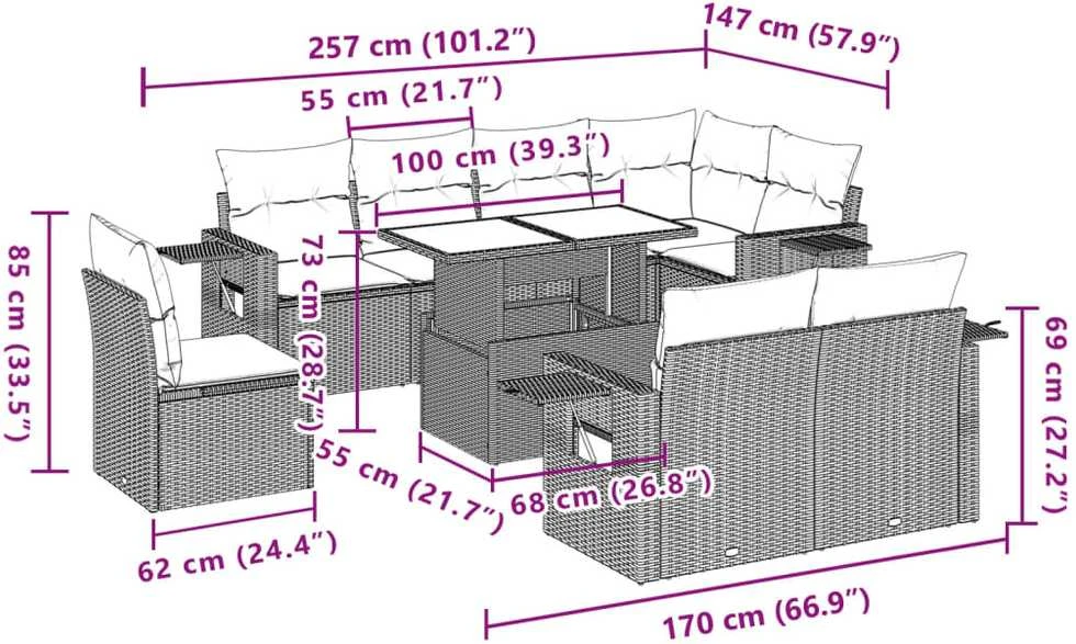 Lauko baldų komplektas Sodo komplektas su pagalvėlėmis, 9 dalių, smėlio, poliratanas