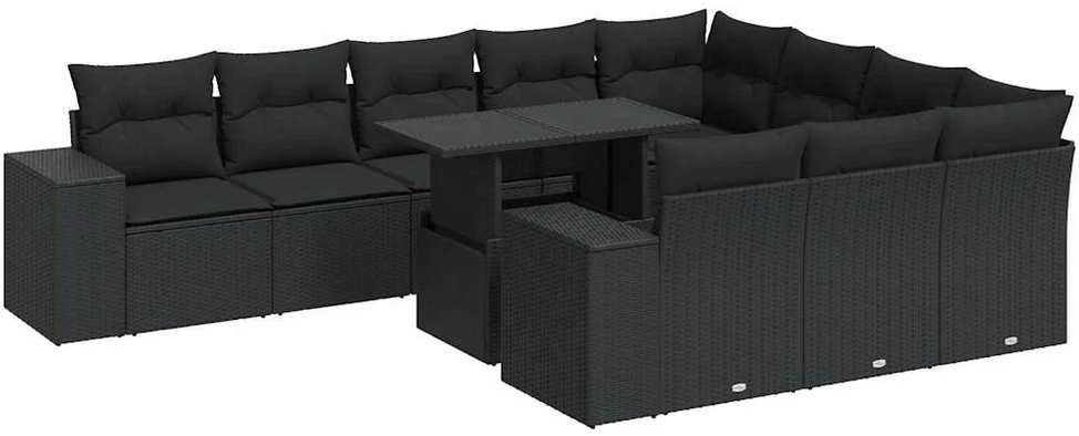 Lauko baldų komplektas Sodo komplektas su pagalvėlėmis, 11 dalių, juodas, poliratanas