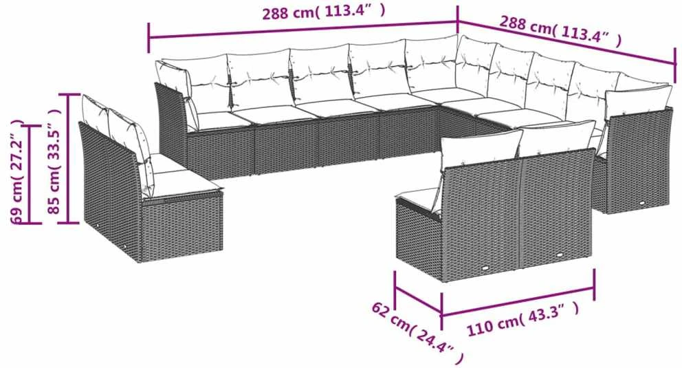 Sofa Sodo komplektas su pagalvėlėmis, 13 dalių, pilkas, poliratanas