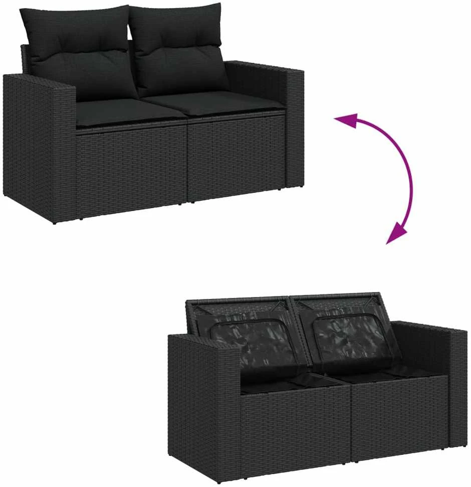 Lauko baldų komplektas Sodo komplektas su pagalvėlėmis, 10 dalių, juodas, poliratanas