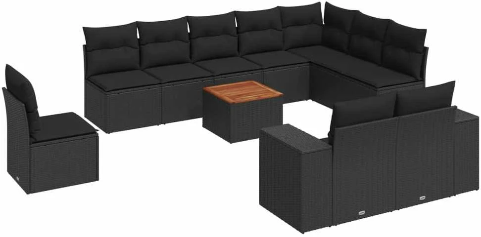 Sofa Sodo komplektas su pagalvėlėmis, 11 dalių, juodas, poliratanas
