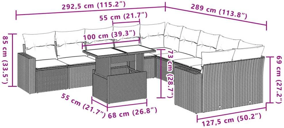 Lauko baldų komplektas Sodo komplektas su pagalvėlėmis, 11 dalių, smėlio, poliratanas