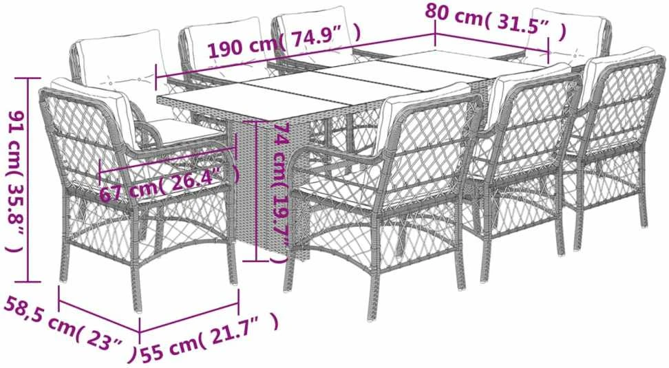 Lauko baldų komplektas Sodo komplektas su pagalvėlėmis, 9 dalių, rudas, poliratanas