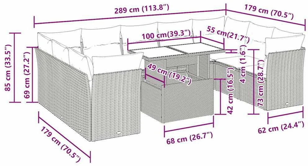 Lauko baldų komplektas Sodo komplektas su pagalvėlėmis, 10 dalių, pilkas, poliratanas