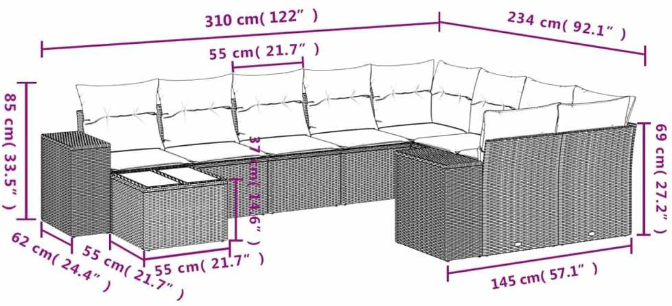 Lauko baldų komplektas Sodo komplektas su pagalvėlėmis, 10 dalių, pilkas, poliratanas