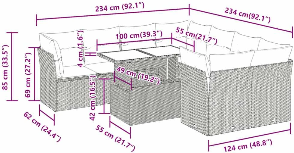 Sofa Sodo komplektas su pagalvėlėmis, 9 dalių, smėlio, poliratanas