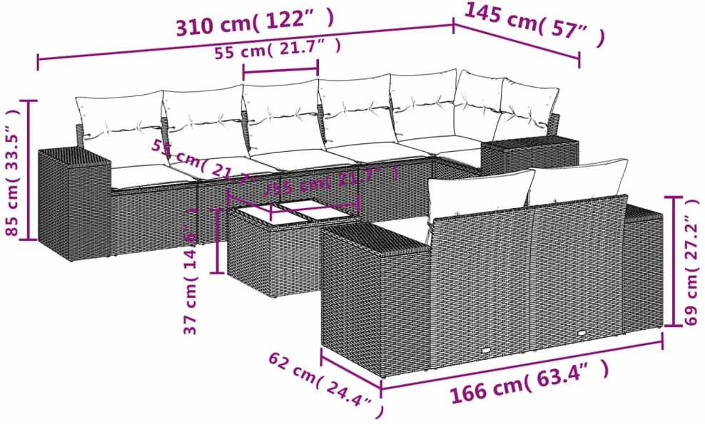 Lauko baldų komplektas Sodo komplektas su pagalvėlėmis, 9 dalių, smėlio, poliratanas