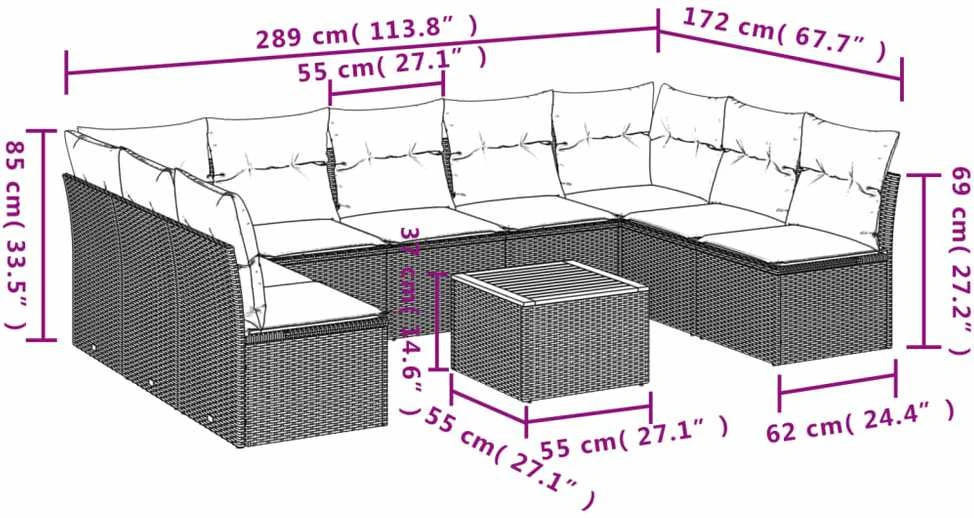 Lauko baldų komplektas Sodo komplektas su pagalvėlėmis, 10 dalių, juodas, poliratanas