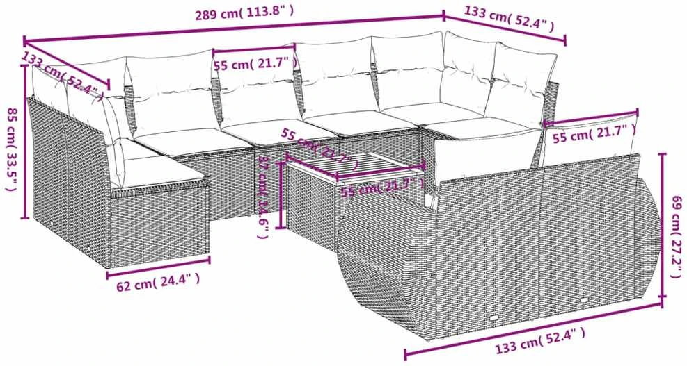Lauko baldų komplektas Sodo komplektas su pagalvėlėmis, 10 dalių, pilkas, poliratanas