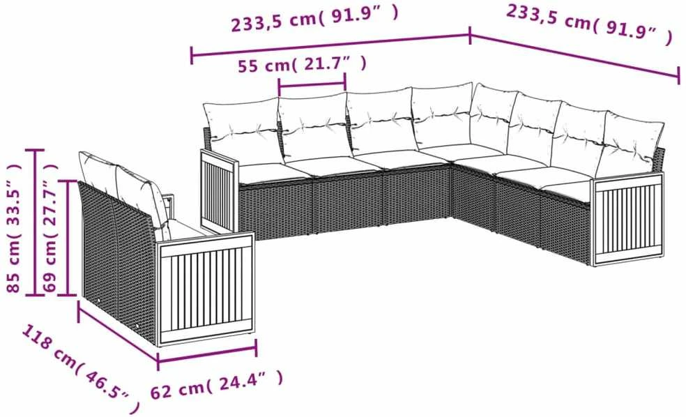 Lauko baldų komplektas Sodo komplektas su pagalvėlėmis, 9 dalių, juodas, poliratanas