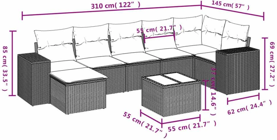 Sofa Sodo komplektas su pagalvėlėmis, 8 dalių, pilkas, poliratanas