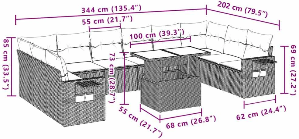 Lauko baldų komplektas Sodo komplektas su pagalvėlėmis, 11 dalių, pilkas, poliratanas