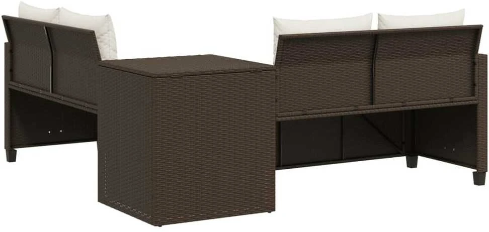 Sodo sofa su stalu/pagalvėlėmis, ruda, poliratanas, L formos
