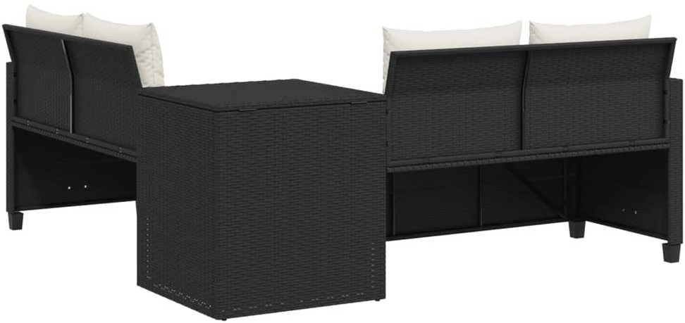 Sodo sofa su stalu/pagalvėlėmis, juoda, poliratanas, L formos