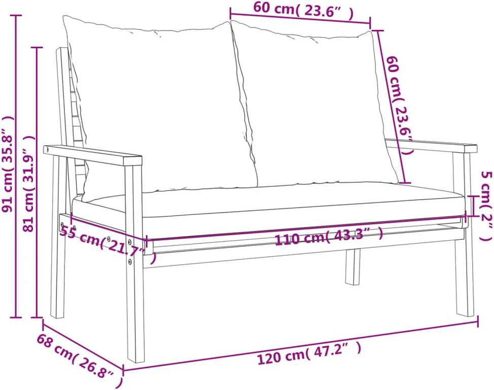 Sodo sofa-suoliukas su pagalvėlėmis, 120cm, akacijos masyvas