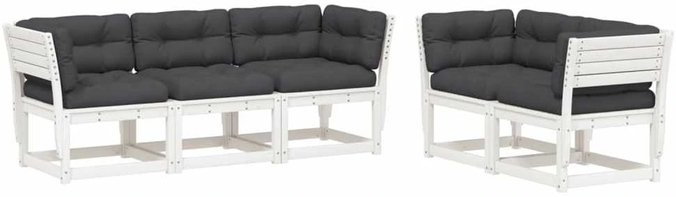 Lauko baldų komplektas Sodo sofos komplektas su pagalvėlėmis, 5 dalių, baltas, pušis