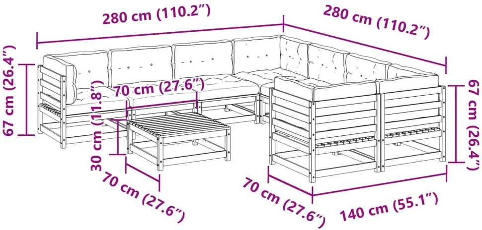 Lauko baldų komplektas Sodo sofos komplektas su pagalvėlėmis, 9 dalių, vaško, pušis