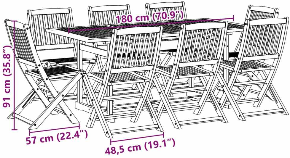 Lauko baldų komplektas Sodo valgomojo komplektas, 9 dalių, 180x90x75 cm, akacija