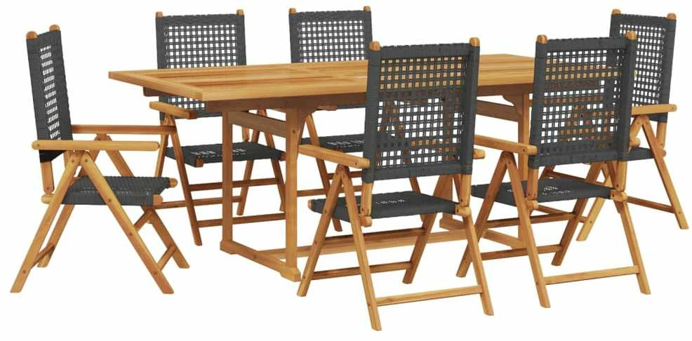 Lauko baldų komplektas Sodo valgomojo komplektas, 7 dalių, juodas, poliratanas/akacija
