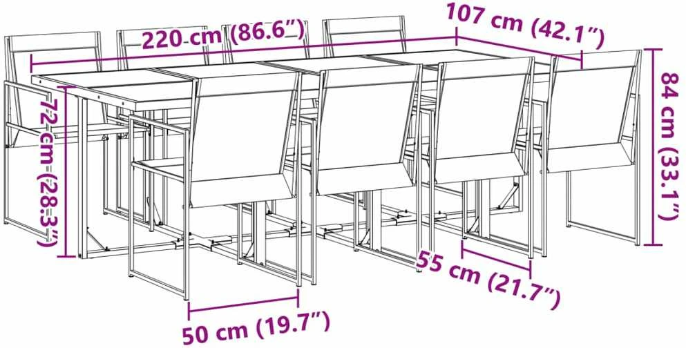 Lauko baldų komplektas Sodo valgomojo komplektas, 9 dalių, juodas, tekstilenas