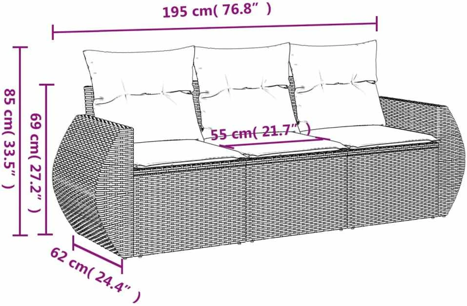 Sofa Sofos komplektas su pagalvėlėmis, 3 dalių, pilkas, poliratanas