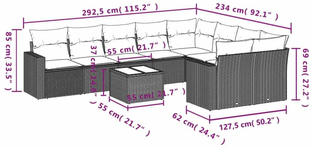 Sofa Sofos komplektas su pagalvėlėmis, 10 dalių, smėlio, poliratanas