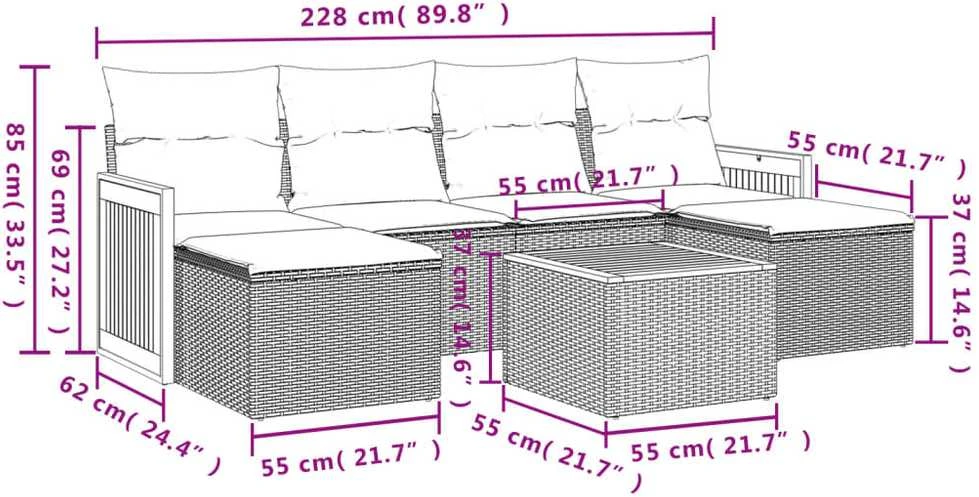 Lauko baldų komplektas Sofos komplektas su pagalvėlėmis, 7 dalių, juodas, poliratanas