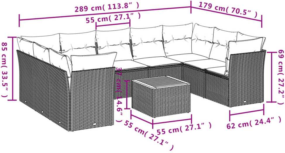 Sofa Sofos komplektas su pagalvėlėmis, 10 dalių, smėlio, poliratanas