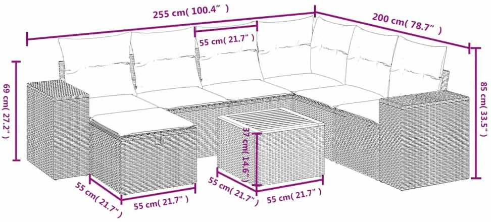 Sofa Sofos komplektas su pagalvėlėmis, 8 dalių, juodas, poliratanas