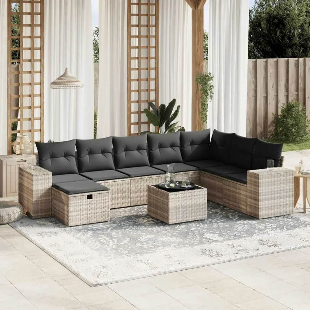 Sofa Sofos komplektas su pagalvėlėmis, 9 dalių, pilkas, poliratanas