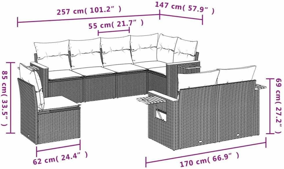 Lauko baldų komplektas Sofos komplektas su pagalvėlėmis, 8 dalių, juodas, poliratanas