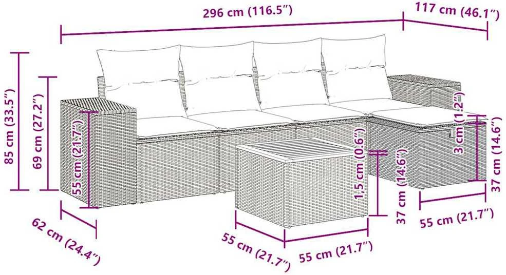 Lauko baldų komplektas Sofos komplektas su pagalvėlėmis, 6 dalių, smėlio, poliratanas