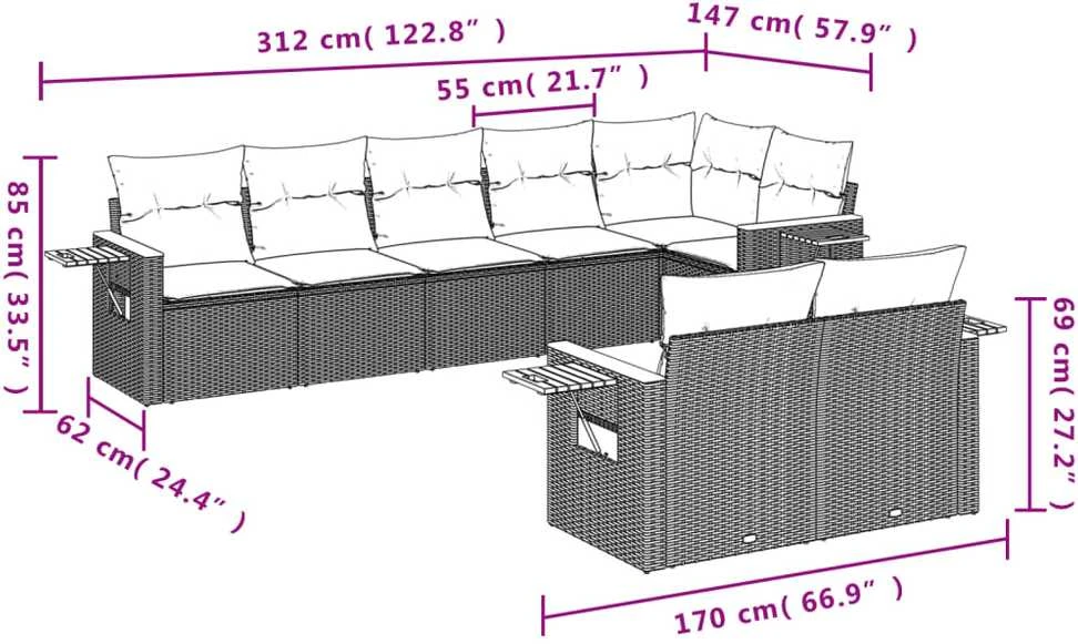 Lauko baldų komplektas Sofos komplektas su pagalvėlėmis, 8 dalių, smėlio, poliratanas