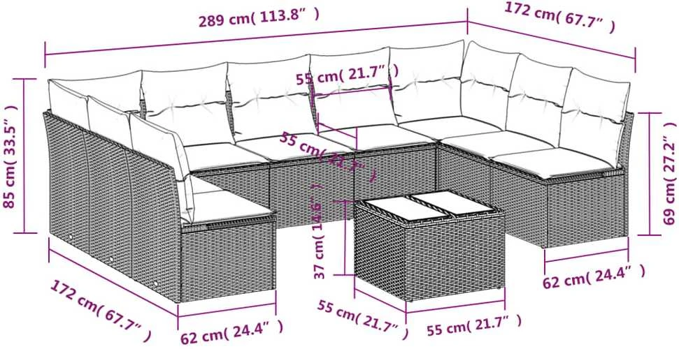 Sofa Sofos komplektas su pagalvėlėmis, 10 dalių, smėlio, poliratanas