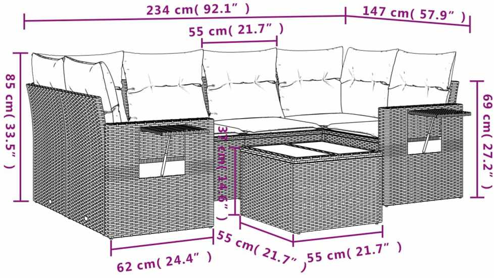 Sofa Sofos komplektas su pagalvėlėmis, 7 dalių, smėlio, poliratanas