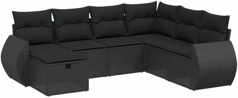 Lauko baldų komplektas Sofos komplektas su pagalvėlėmis, 7 dalių, juodas, poliratanas