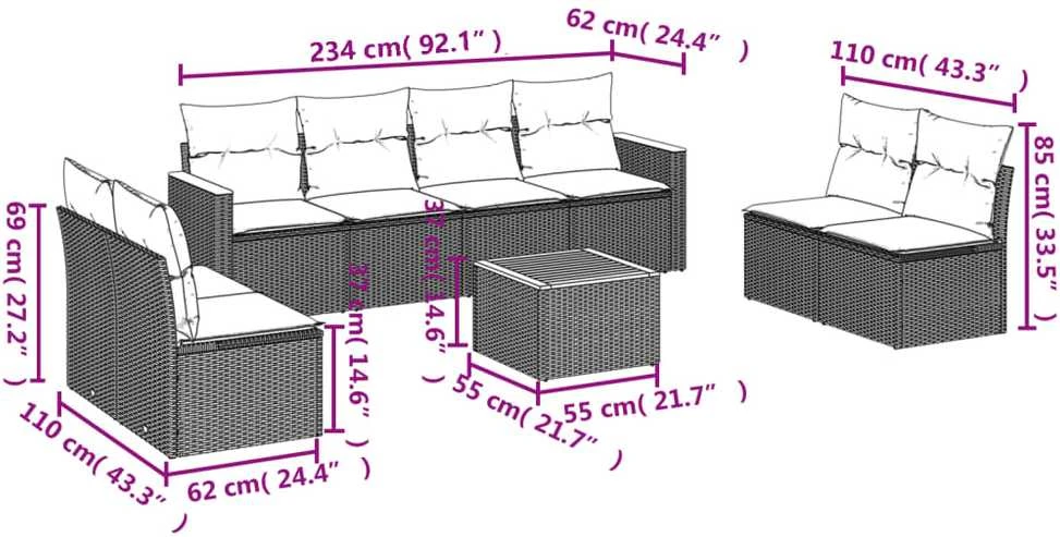Sofa Sofos komplektas su pagalvėlėmis, 9 dalių, smėlio, poliratanas