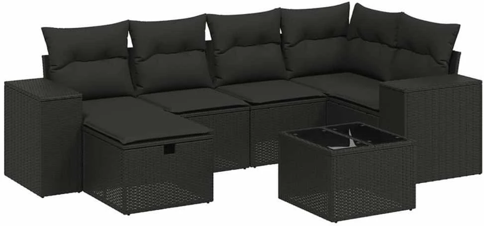 Sofa Sofos komplektas su pagalvėlėmis, 7 dalių, juodas, poliratanas
