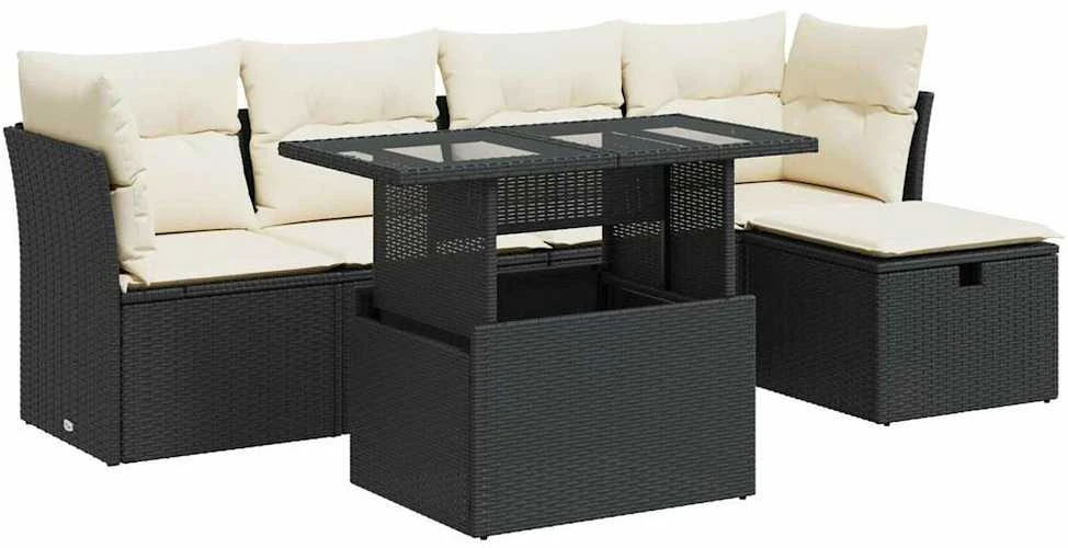 Lauko baldų komplektas Sofos komplektas su pagalvėlėmis, 6 dalių, juodas, poliratanas