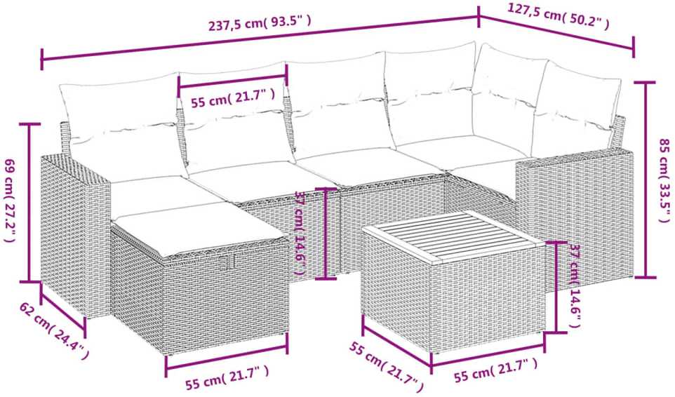 Sofa Sofos komplektas su pagalvėlėmis, 7 dalių, smėlio, poliratanas